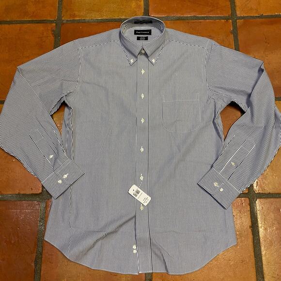 Paul Fredrick non-iron dress shirt long sleeve with contrast trim, navy blue - Picture 1 of 6
